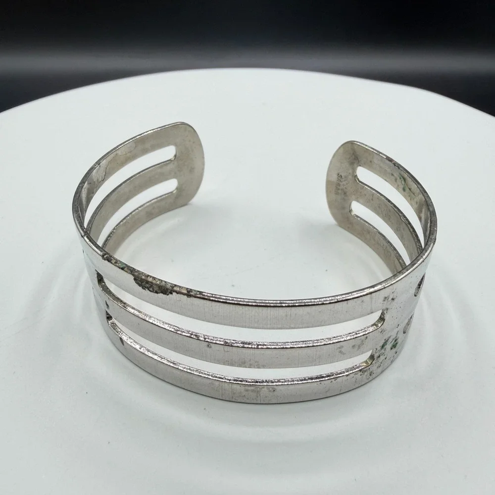 SARAH Silver Tone Openwork Triple Band Cuff Bracelet Modernist Statement Jewelry